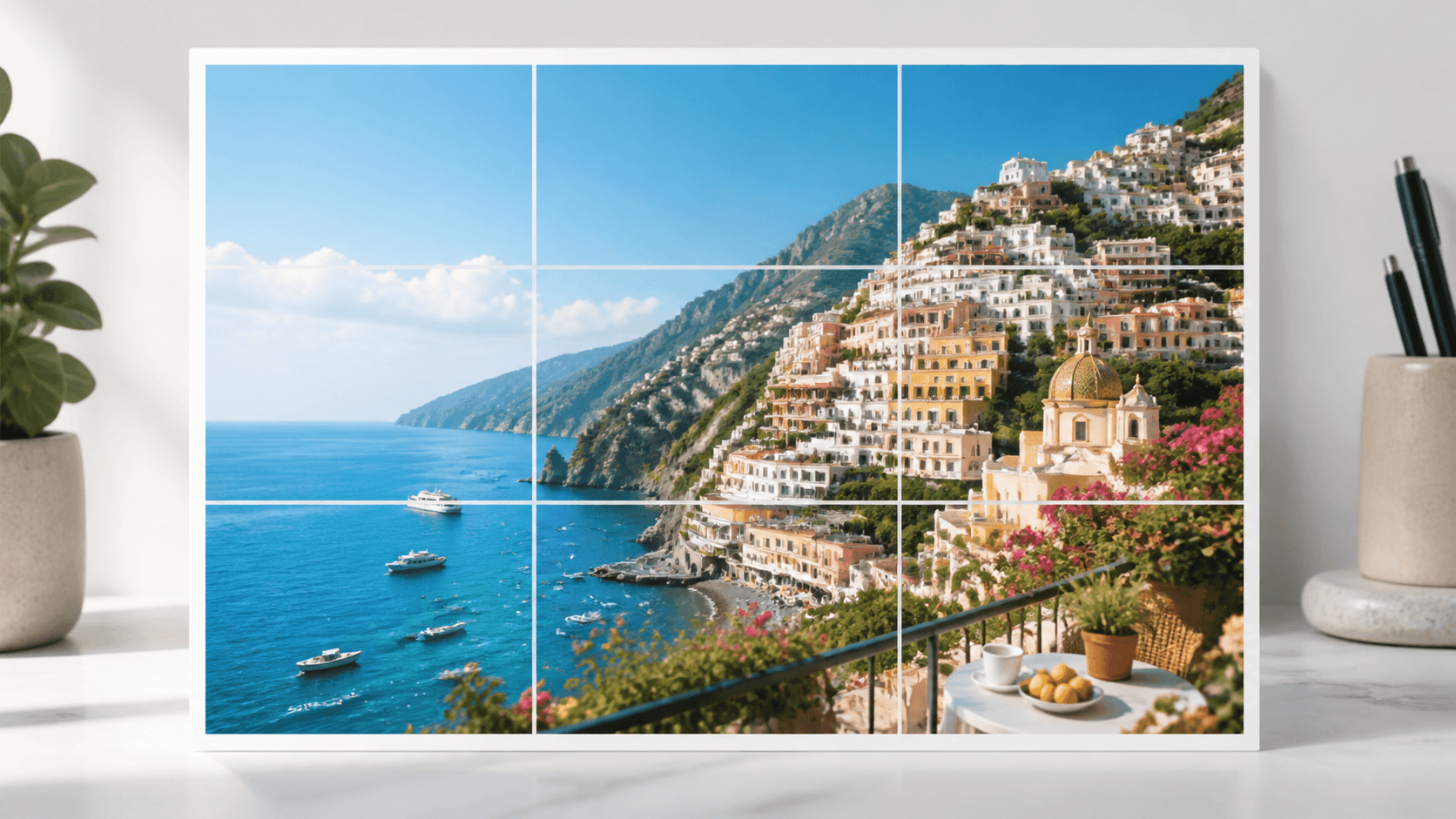 Coastal photo with a white 3 by 3 grid overlay