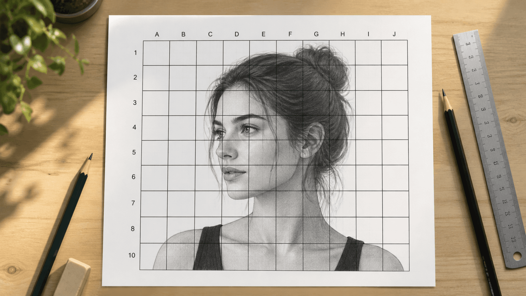 Drawing reference portrait with a 10 by 10 grid overlay and cell labels