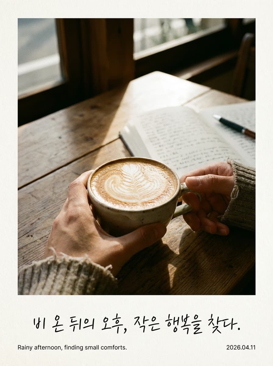 Cozy cafe aesthetic photo in a polaroid frame with Korean handwriting text overlay